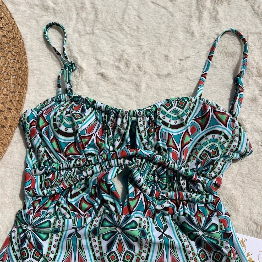 Becca Mosaic Print One Piece Swimsuit Cutout Front Adjustable S NWT - Picture 4 of 7